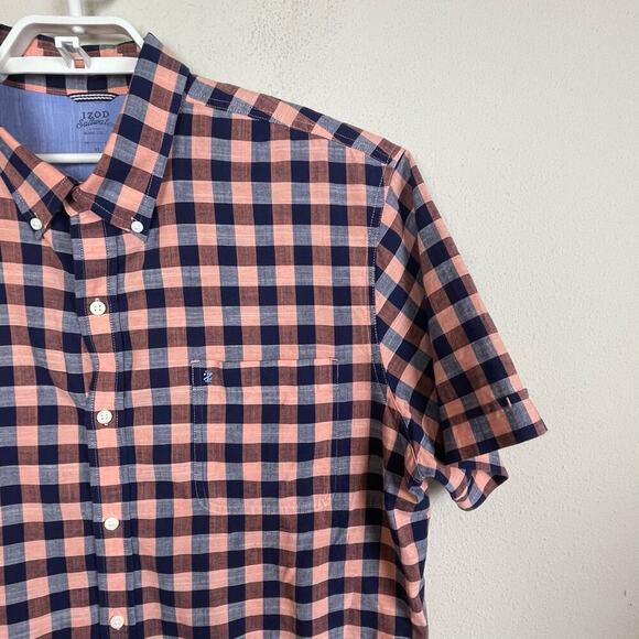 Izod Saltwater Relaxed Classics Men's Sz XL Plaid Blue Peach Button Up S/S Shirt - Picture 6 of 8